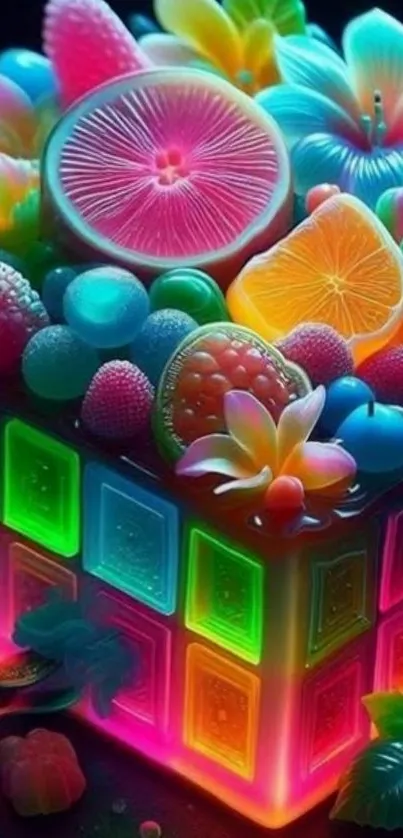 Colorful neon fruit cube with glowing elements