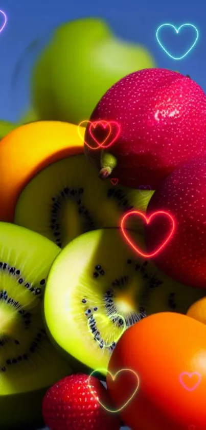 Colorful neon fruit wallpaper with glowing hearts.