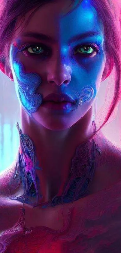 Futuristic digital art of a neon-lit face on stylish wallpaper.