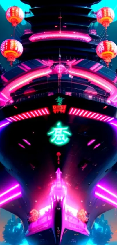 Futuristic neon ship glowing in vibrant colors.