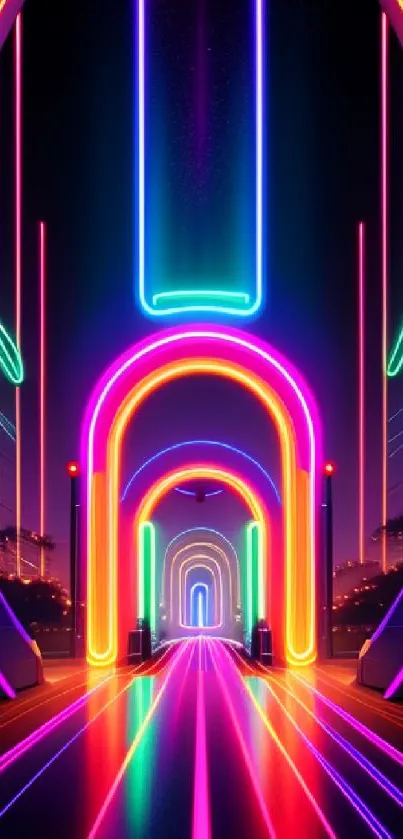 Futuristic neon tunnel with vibrant lighting in a digital art style.