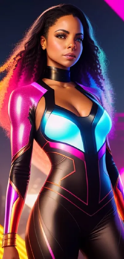 Futuristic woman in neon suit with vibrant city lights background.