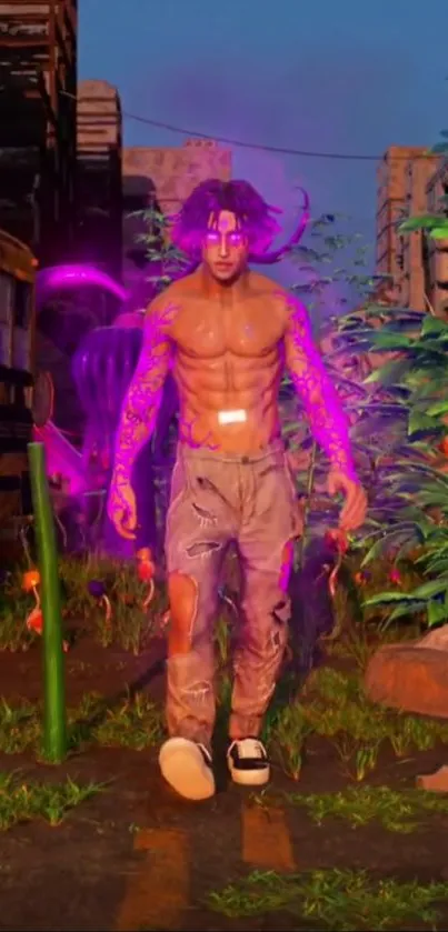 Futuristic character with glowing tattoos in a neon urban landscape.