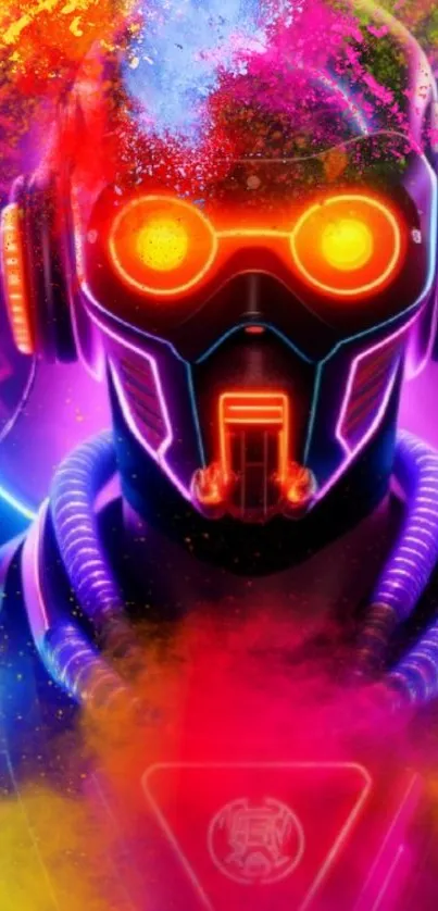 Vibrant neon robotic figure in a colorful sci-fi setting.