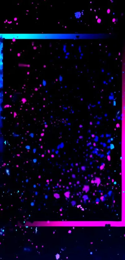 Neon galaxy wallpaper with pink and blue splashes on a black background.