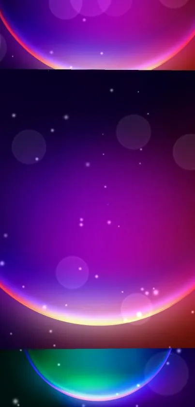 Vibrant neon galaxy wallpaper with glowing spheres and purple hues.