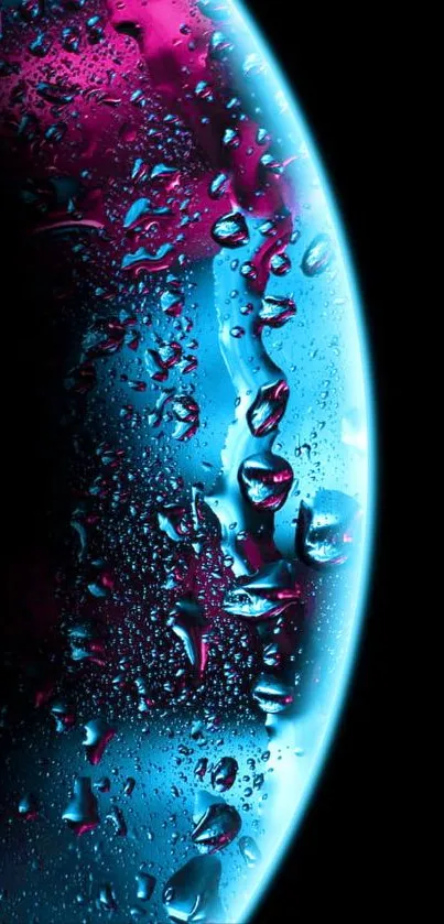 Neon galaxy wallpaper with water droplets, featuring blue and pink hues.