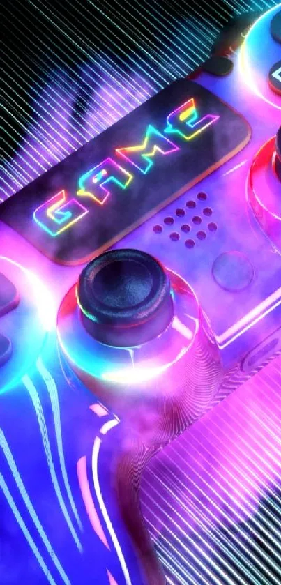 Vibrant neon gaming controller wallpaper with colorful lights.