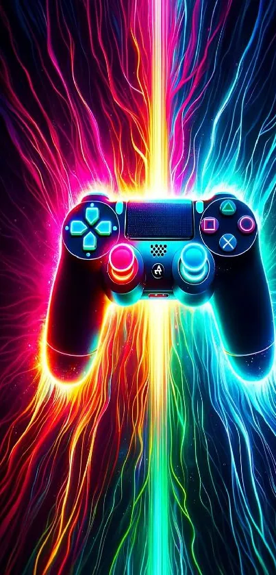 Vibrant neon game controller with colorful glowing lines.