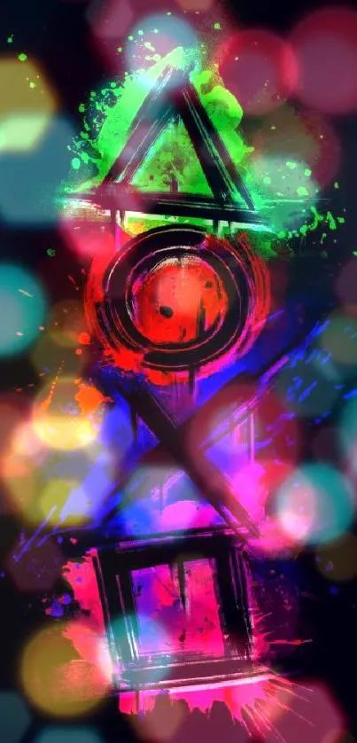 Neon gaming art with green, red, blue symbols on black background.