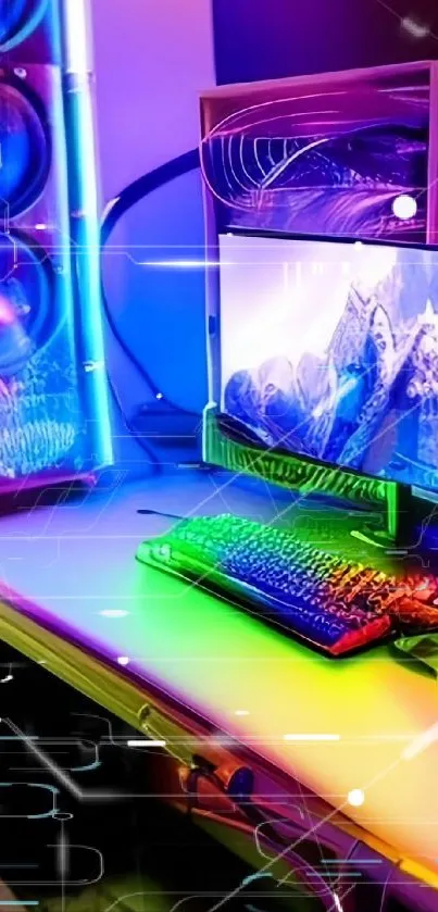 Vibrant neon gaming setup with RGB lighting and modern technology.