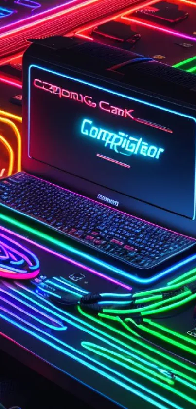 Vibrant neon gaming setup with LED lights.