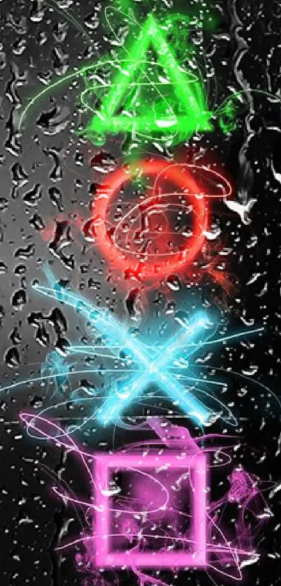 Neon symbols wallpaper with green, red, blue, and pink lights on black.