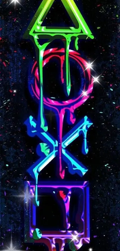 Vibrant neon symbols on a black background.