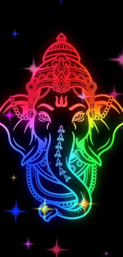 Vibrant neon Ganesha art on a black background with colorful star accents.