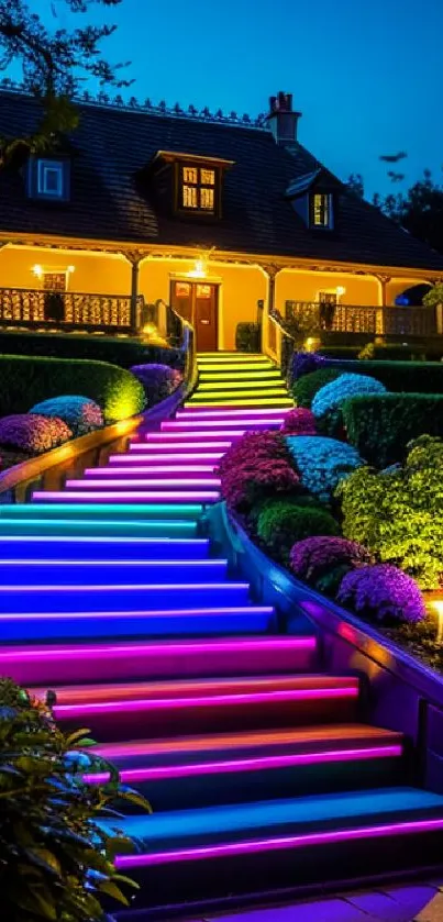 Neon-lit steps in a garden lead to a cozy house, surrounded by colorful plants at night.