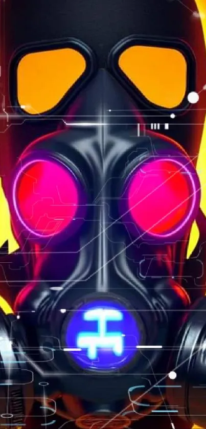 Neon gas mask artwork with striking orange background.