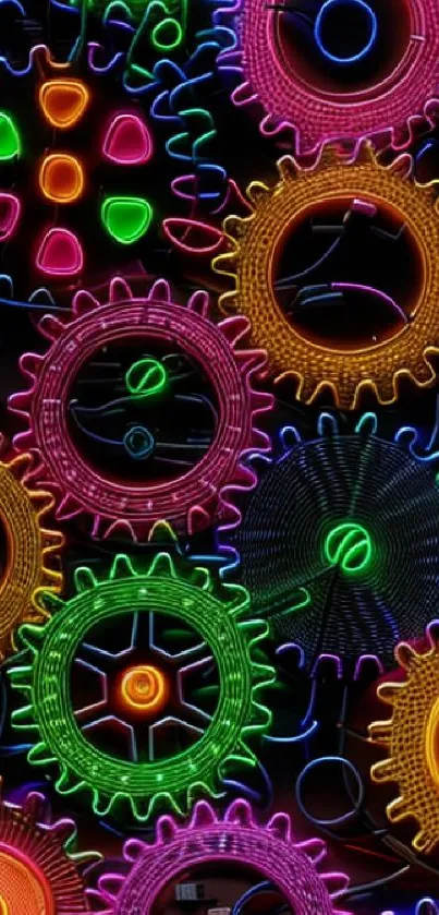 Vibrant neon gears in colorful arrangement.