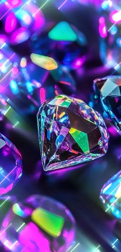 Vibrant neon gemstones with dazzling light reflections.