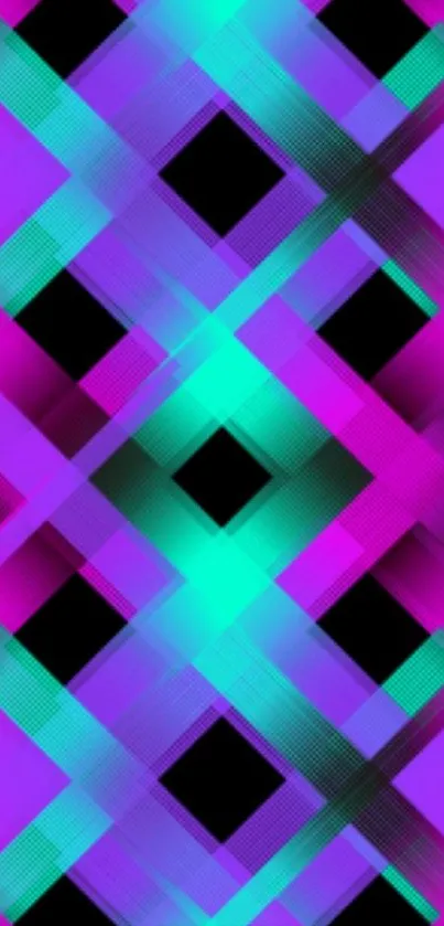 Vibrant neon geometric wallpaper with magenta and turquoise intersecting lines.