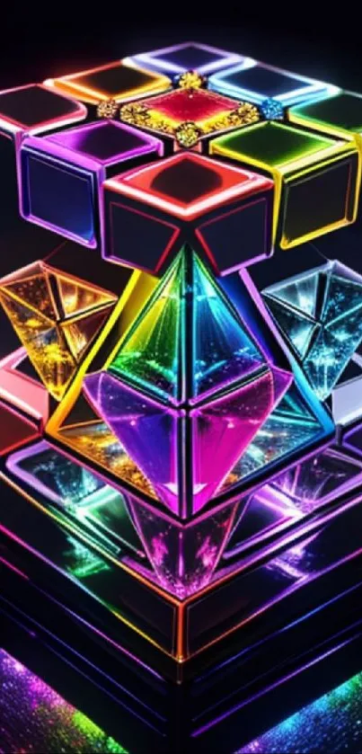 Neon geometric 3D cube with vibrant rainbow colors.