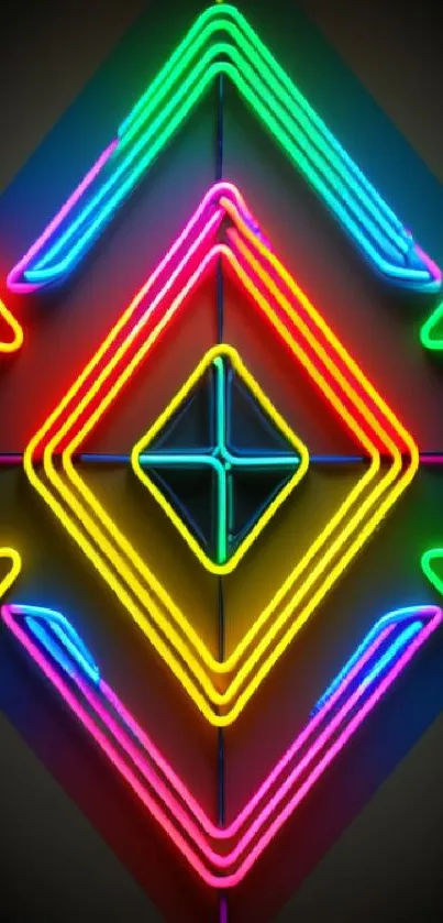 Vibrant neon geometric wallpaper with colorful diamond patterns.