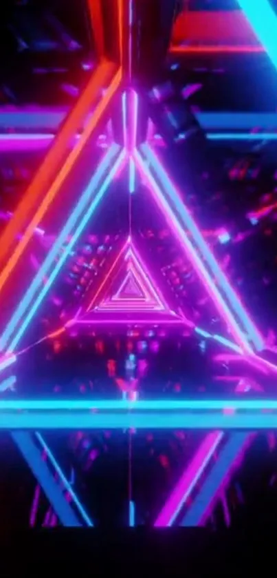 Vibrant neon geometric wallpaper with glowing triangles in pink, blue, and orange hues.