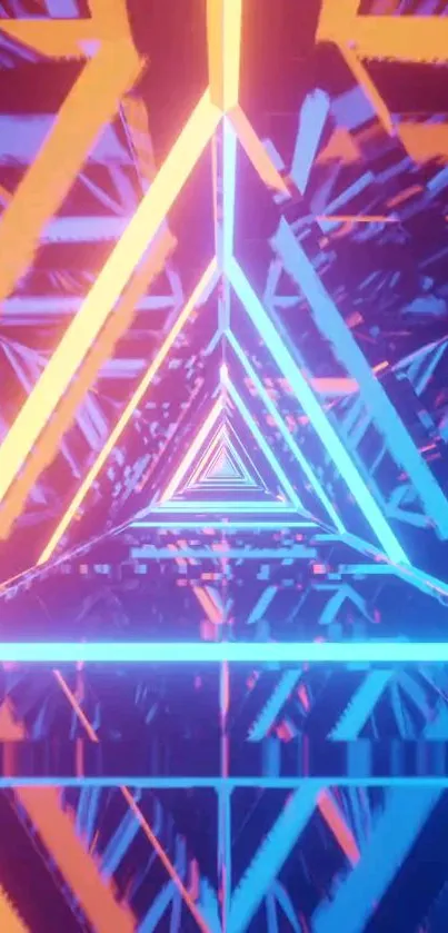 Vibrant neon geometric wallpaper with blue and orange triangles.