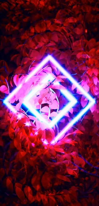 Vibrant neon geometric mobile wallpaper with red and magenta hues.