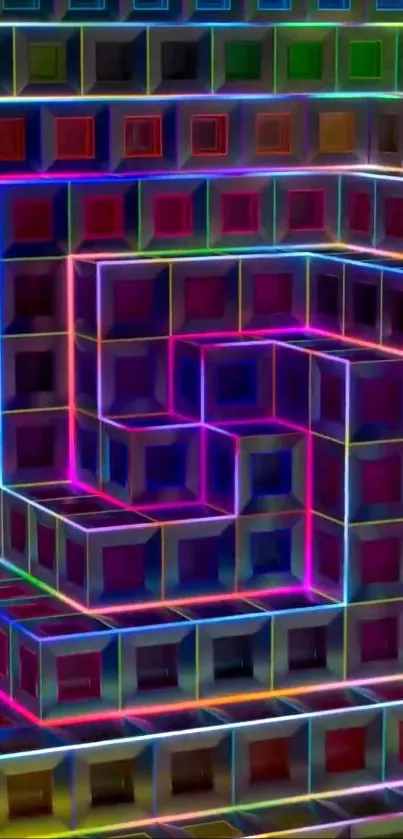 Vibrant neon geometric wallpaper with glowing cubes and spiral design.