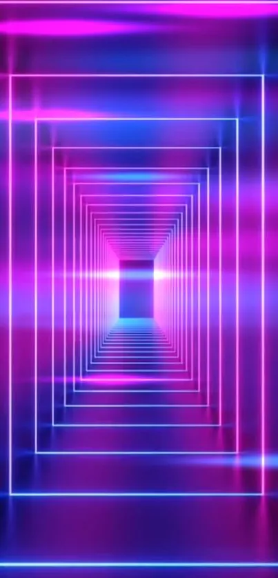 Vibrant neon geometric tunnel with purple and pink hues.