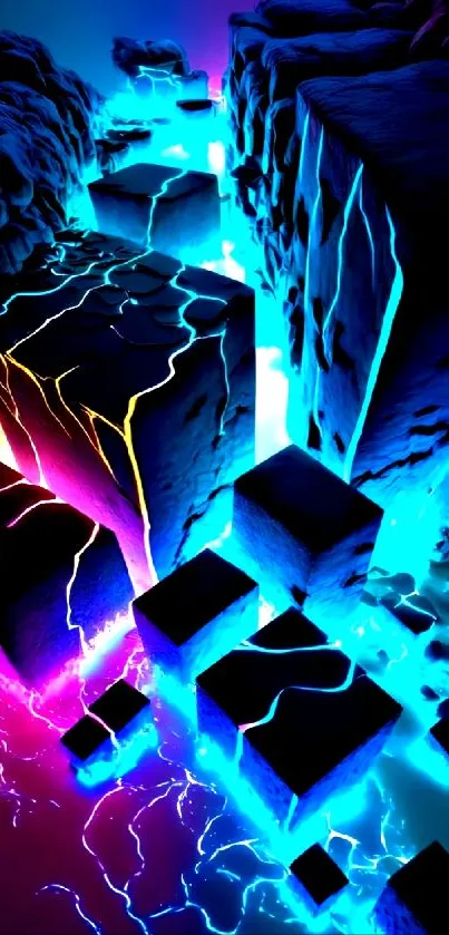 Vibrant neon geometric wallpaper with blue and pink hues.