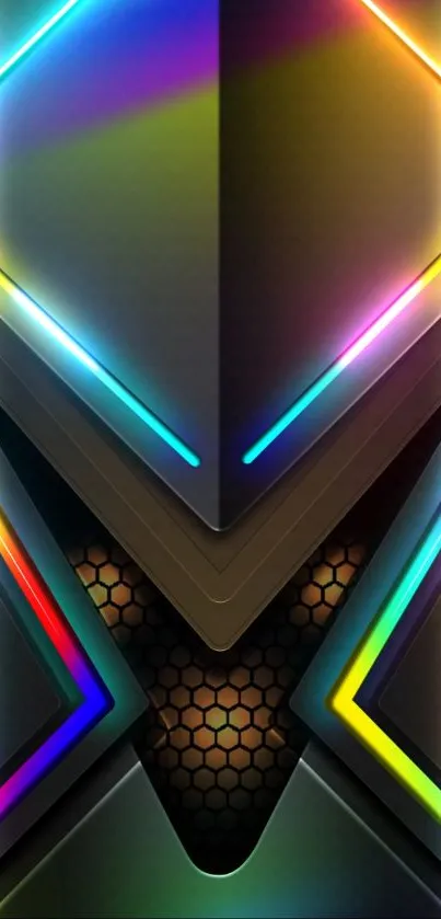 Vibrant neon geometric wallpaper with colorful abstract patterns.