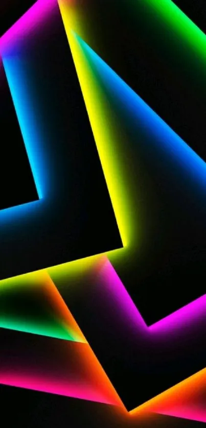 Vibrant neon geometric wallpaper with colorful glowing lines on a dark background.