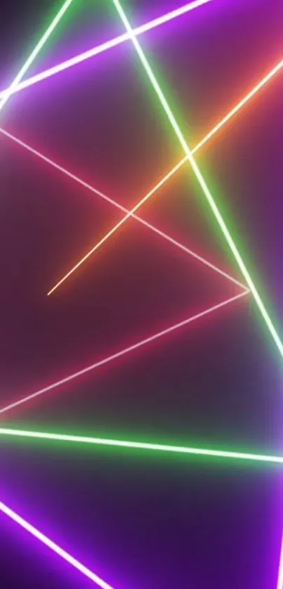 Colorful neon geometric wallpaper with intersecting lines on a dark background.