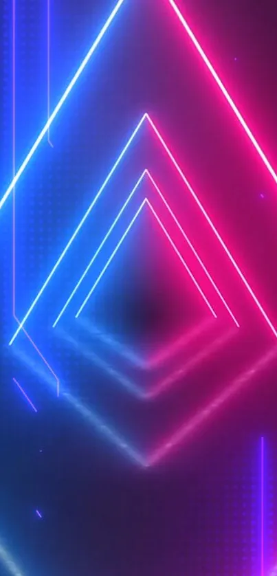 Colorful neon geometric pattern with pink and blue lights in abstract design.