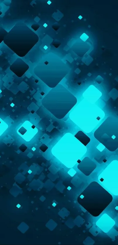 Neon geometric wallpaper with blue squares on a dark background