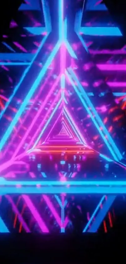 Vibrant neon geometric wallpaper with blue and pink lights