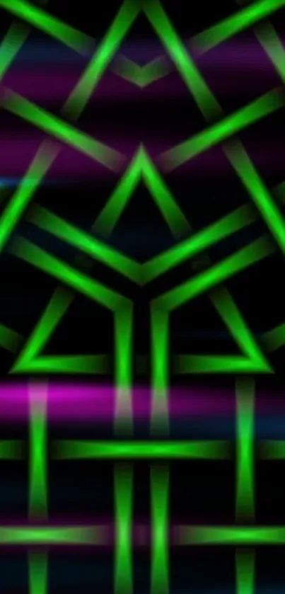 Vibrant neon geometric wallpaper with a green pattern on a dark background.