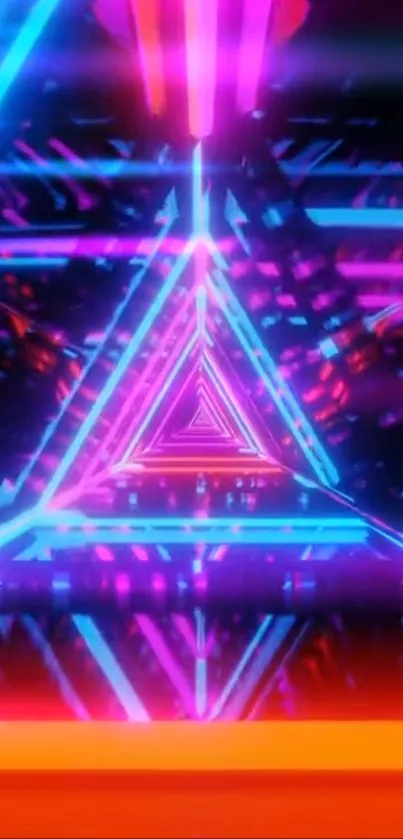 Vibrant neon geometric wallpaper with triangles and bright colors.