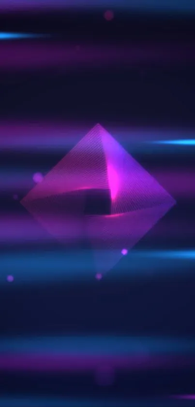 Neon geometric cube with purple and blue glow on a dark background.