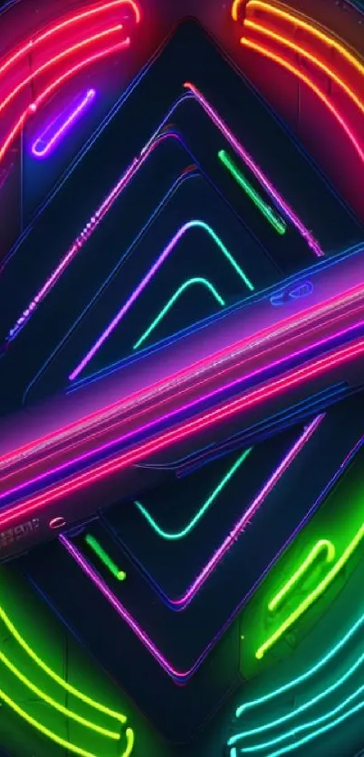Colorful neon geometric design with glowing LED lights on a dark background.