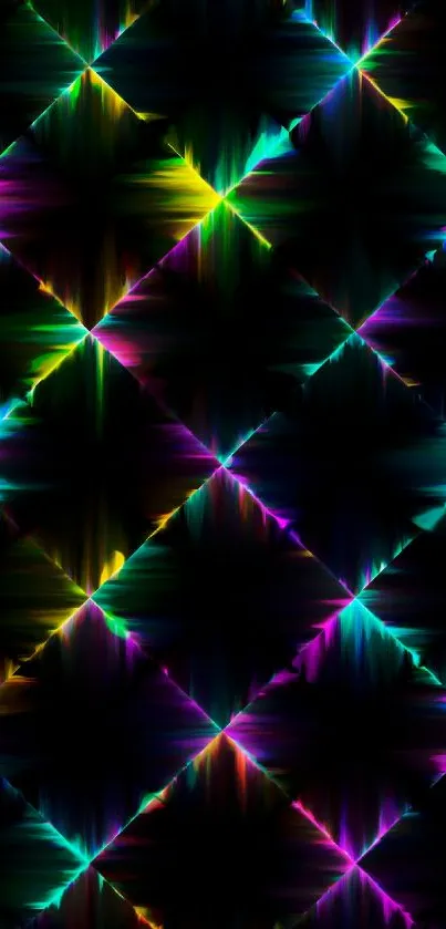 Vibrant neon geometric wallpaper with diagonal patterns on a black background.