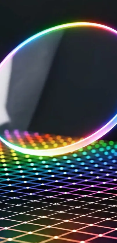 Vibrant neon circular design on a geometric grid background.