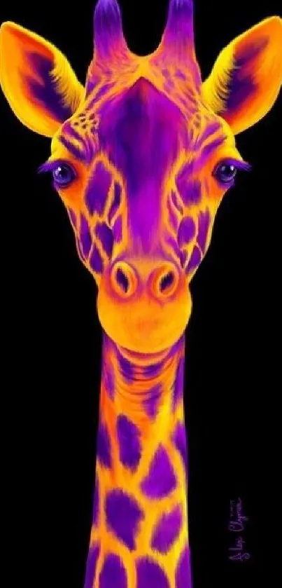 Vibrant neon giraffe illustration on black background.