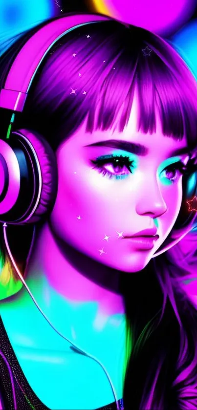 Vibrant neon digital art of a girl with headphones.