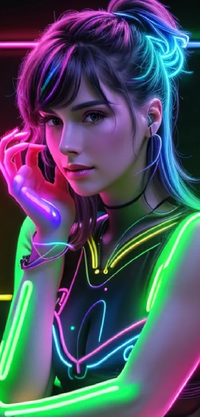 Stylish girl in neon colors with glowing accents, perfect for a modern look.