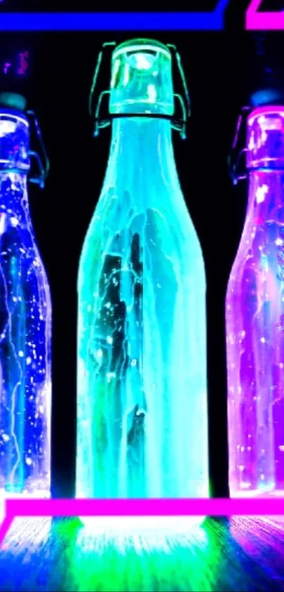 Three luminous neon glass bottles on a black background.