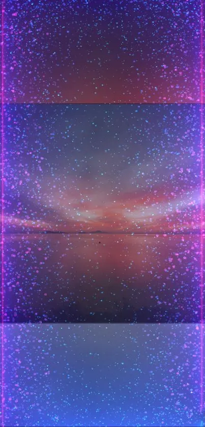 Neon glitter wallpaper with purple and blue cosmic glow.