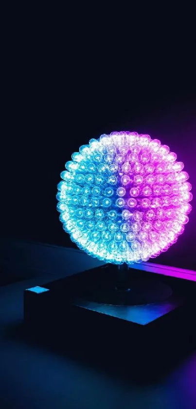 Glowing neon globe with blue and purple hues on a dark background.